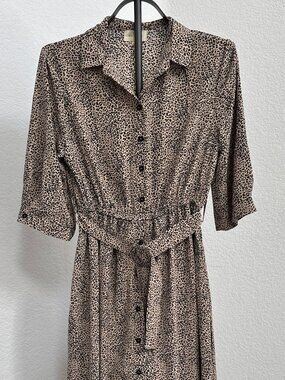 Melloday Leopard Print Midi Dress Womens Large Button Front Belted Tan